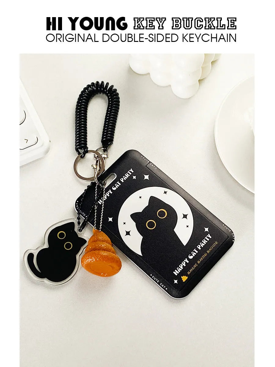 Plastic card sleeve holder with black cat cartoon design and ferrule pendant attachment for student ID and transport cards
