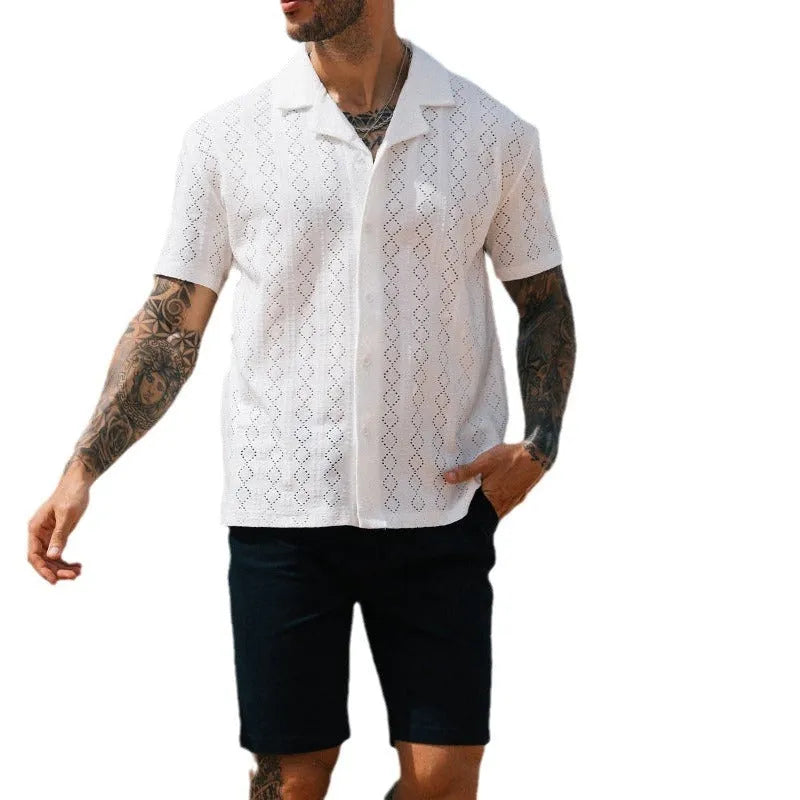 Men's hollow shirt slim fit dotted pattern woven polyester top in white or black