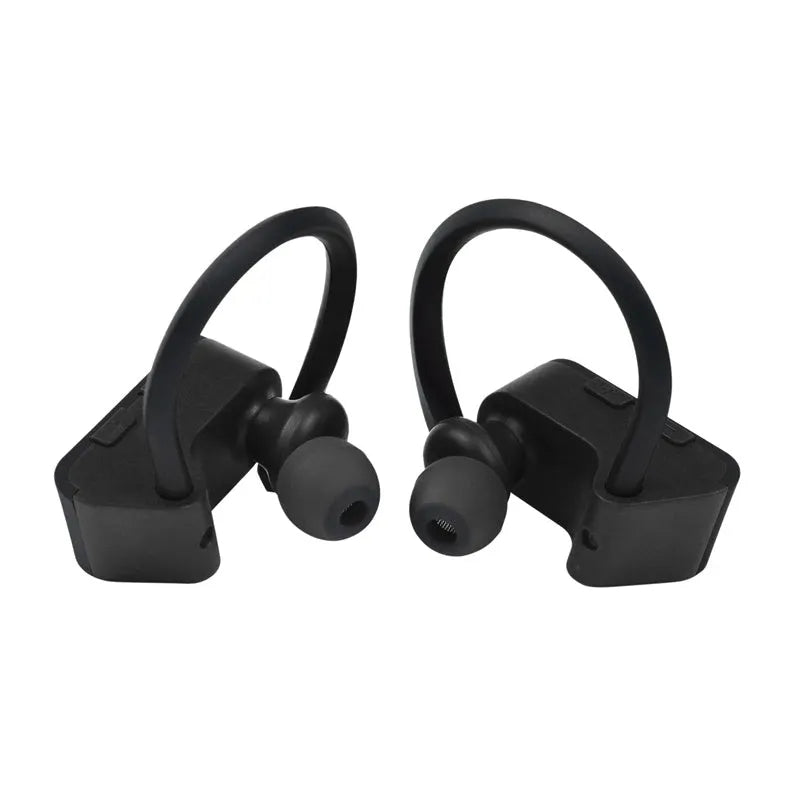 Black wireless Bluetooth earphones with an ergonomic design shown on a grey background.
