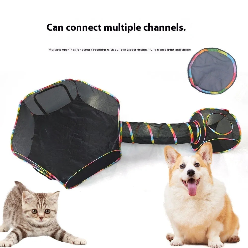 Foldable mesh cat roll cage showing hexagonal, tee and tent style options for pet play and containment