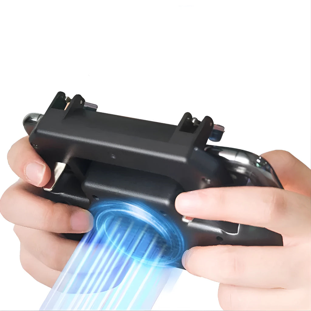 Black mobile phone game controller with USB connector and aluminium alloy frame attached to a smartphone.