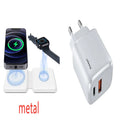 White foldable magnetic wireless charging dock showing dual charging surfaces and compact dimensions