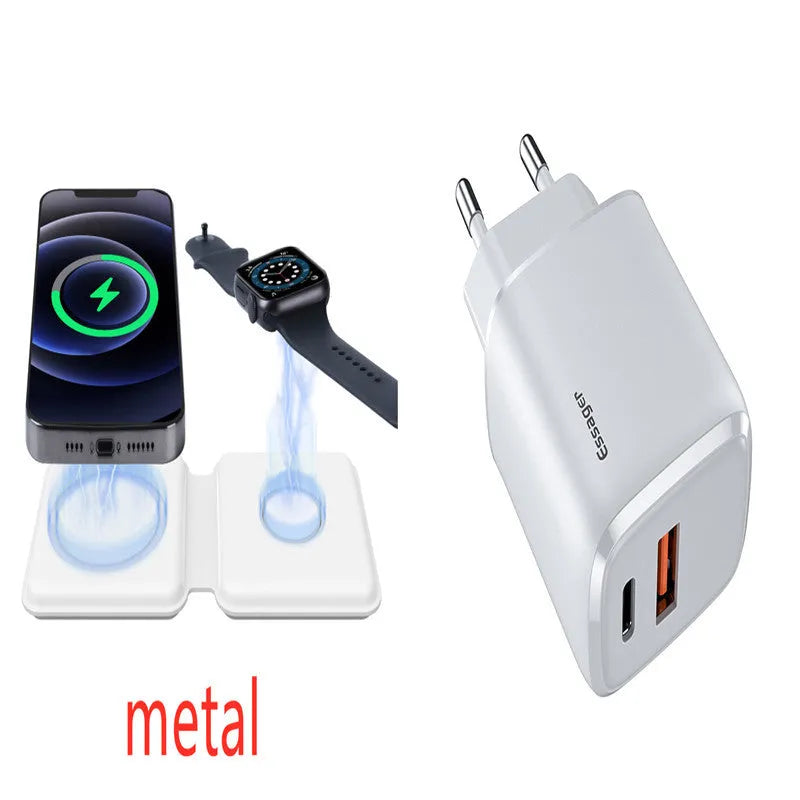 White foldable magnetic wireless charging dock showing dual charging surfaces and compact dimensions