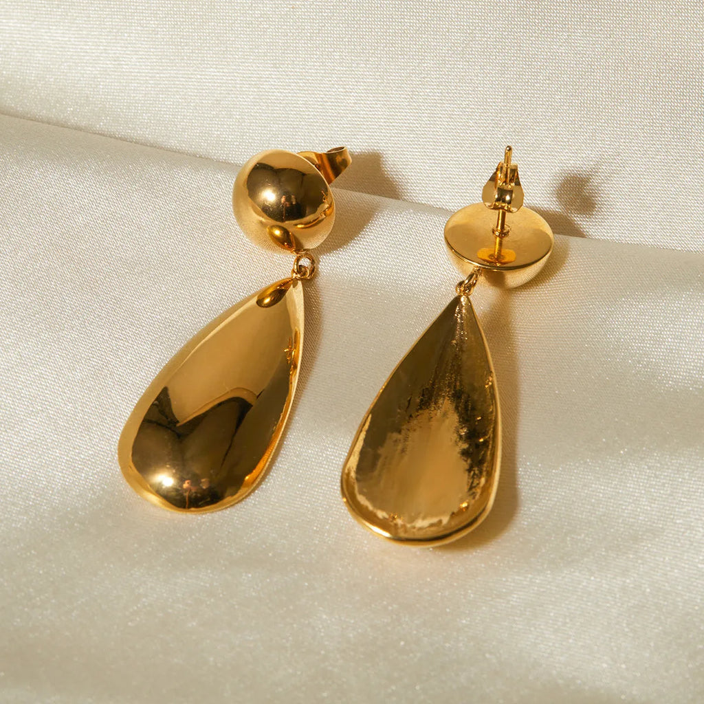 Gold stainless steel water drop hemisphere earrings with geometric design