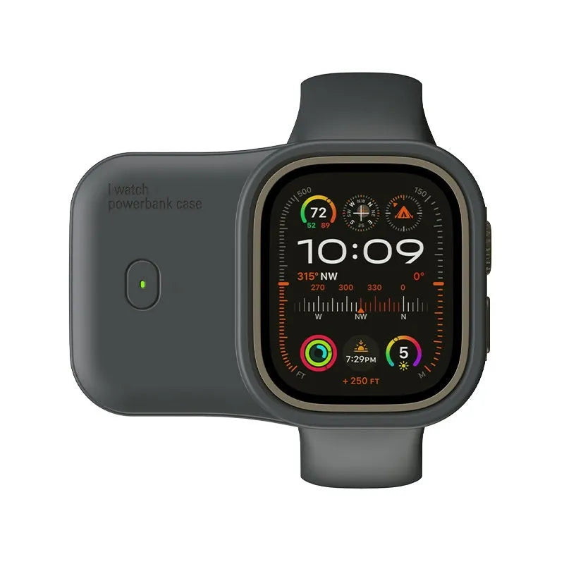 Apple Watch portable wireless charging case with silicone protective sleeve in Brown, Midnight Blue and Starlight colours.