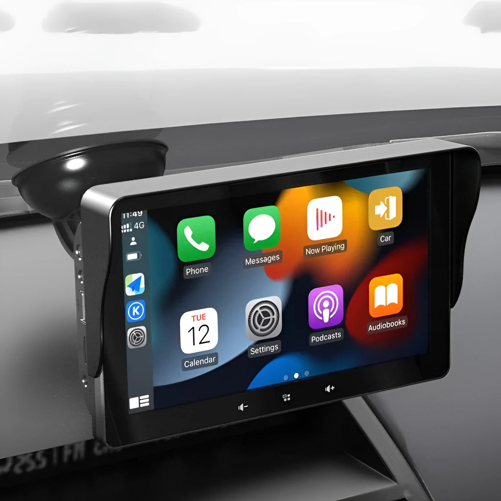 7 inch wireless CarPlay car display with suction cup mount and cigarette lighter power cable