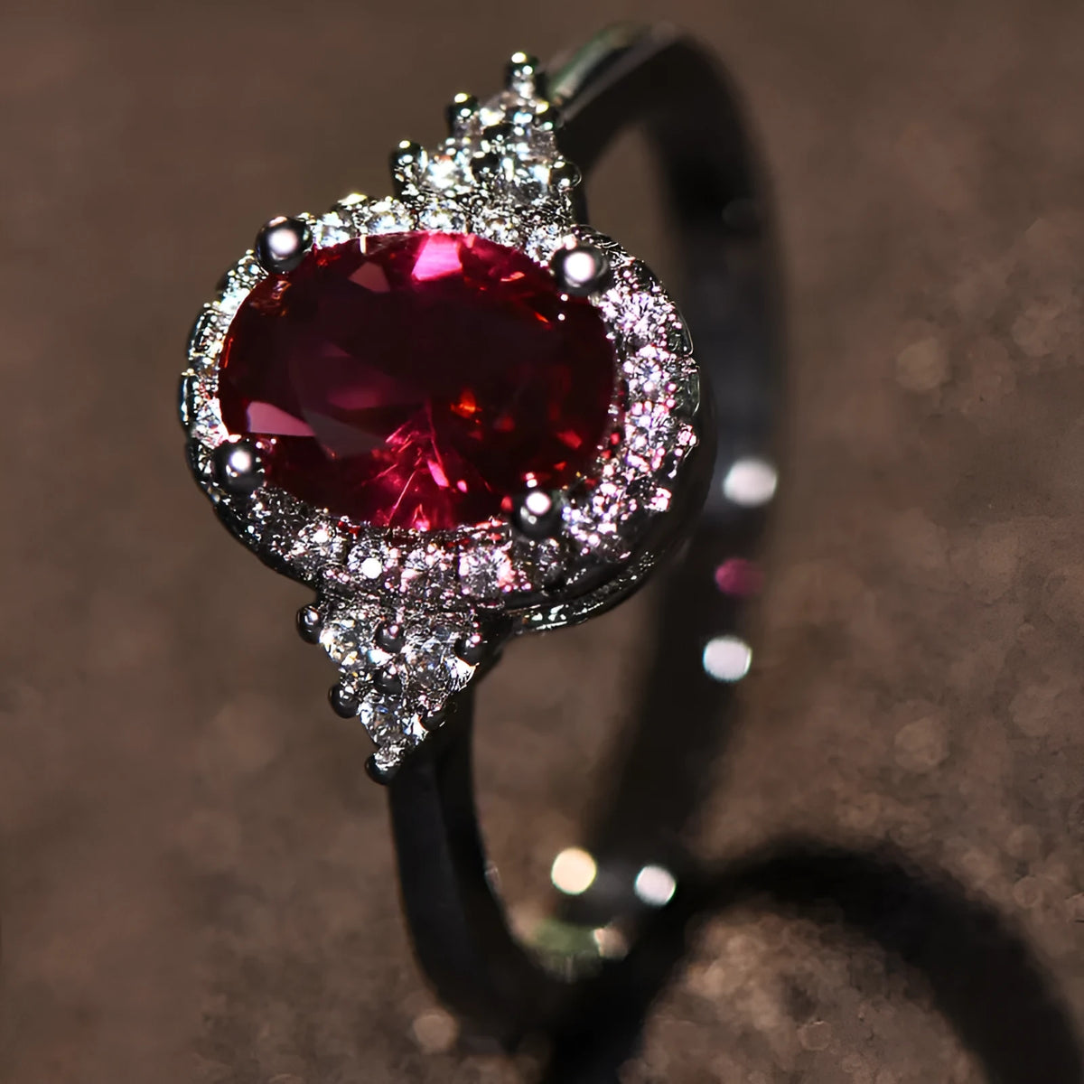 Adjustable oval ruby ring with copper open-mouth band, white gold colour finish, sizes 6 to 10