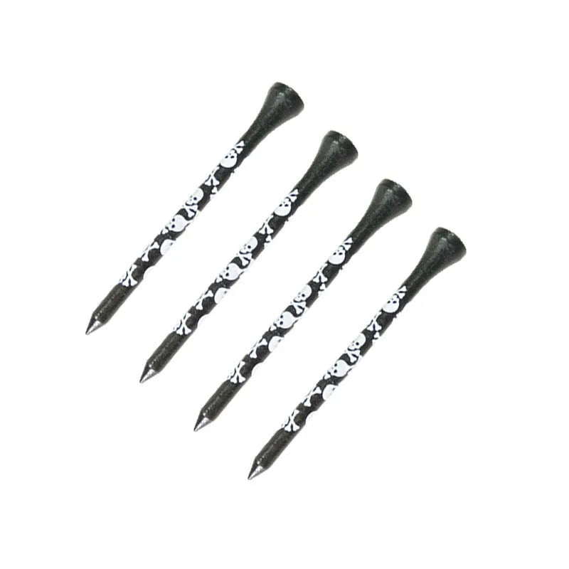 Ten bamboo golf spike dowel pins with black skull print, showing 70mm and 83mm length options.