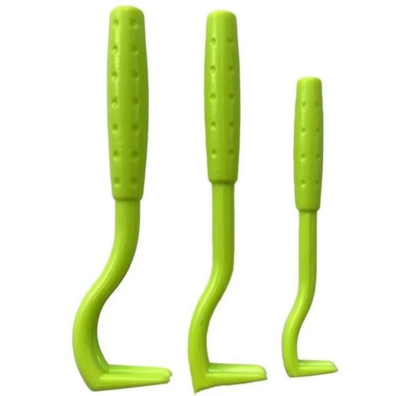 Three blue and green plastic tick removal clips with hook design for pets.