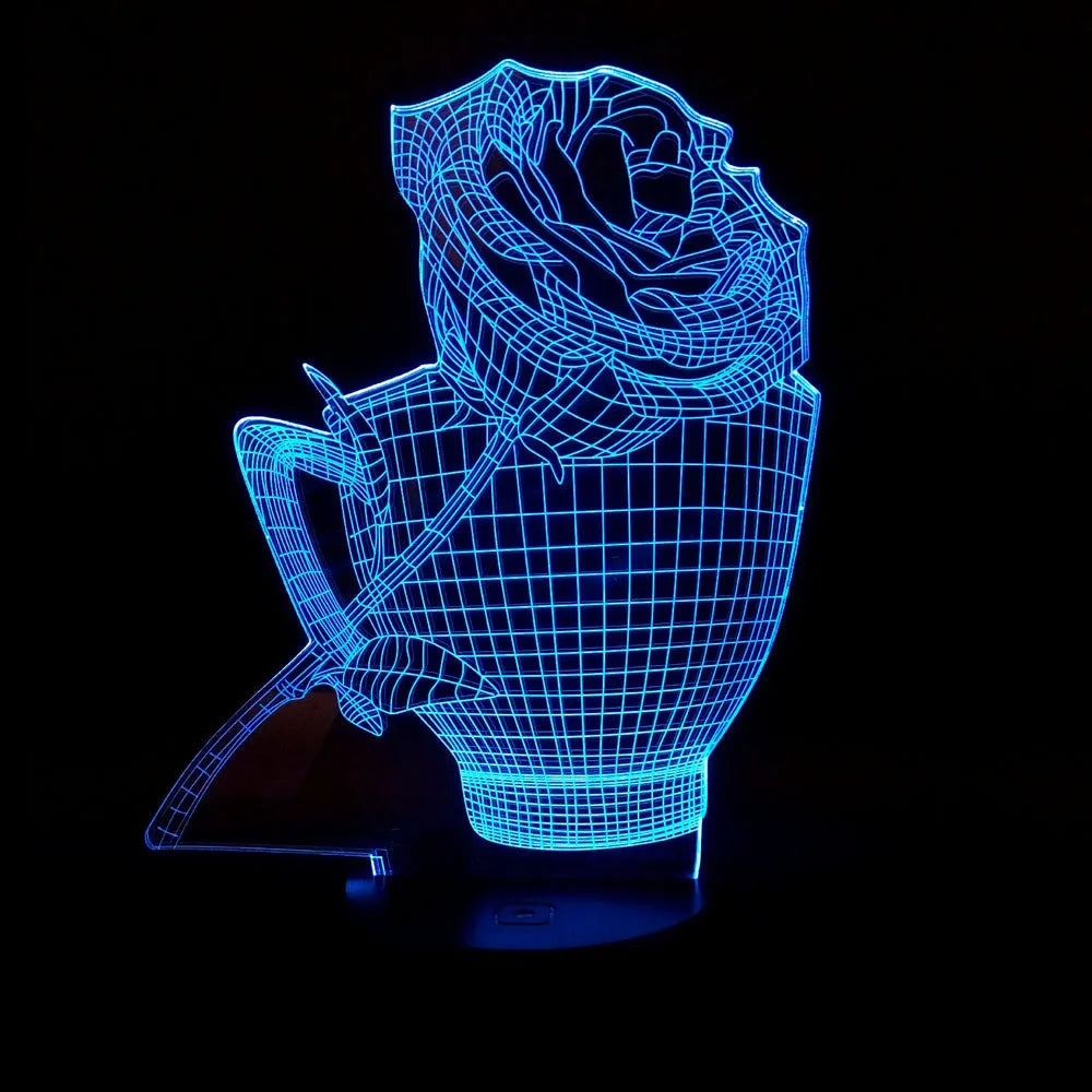 3D rose flower night light showing colour changing illumination with acrylic panel and ABS base