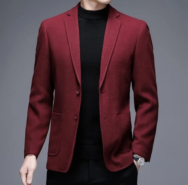 Men's thick solid colour casual winter blazer jacket on a hanger