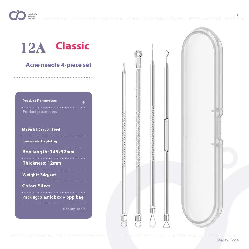 Four silver metal acne needles with ultra-fine pointed tips for blackhead extraction.
