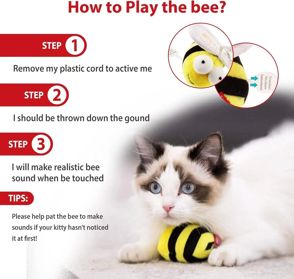 Yellow bee-shaped electronic cat toy with motion-activated chirping sound for indoor feline play