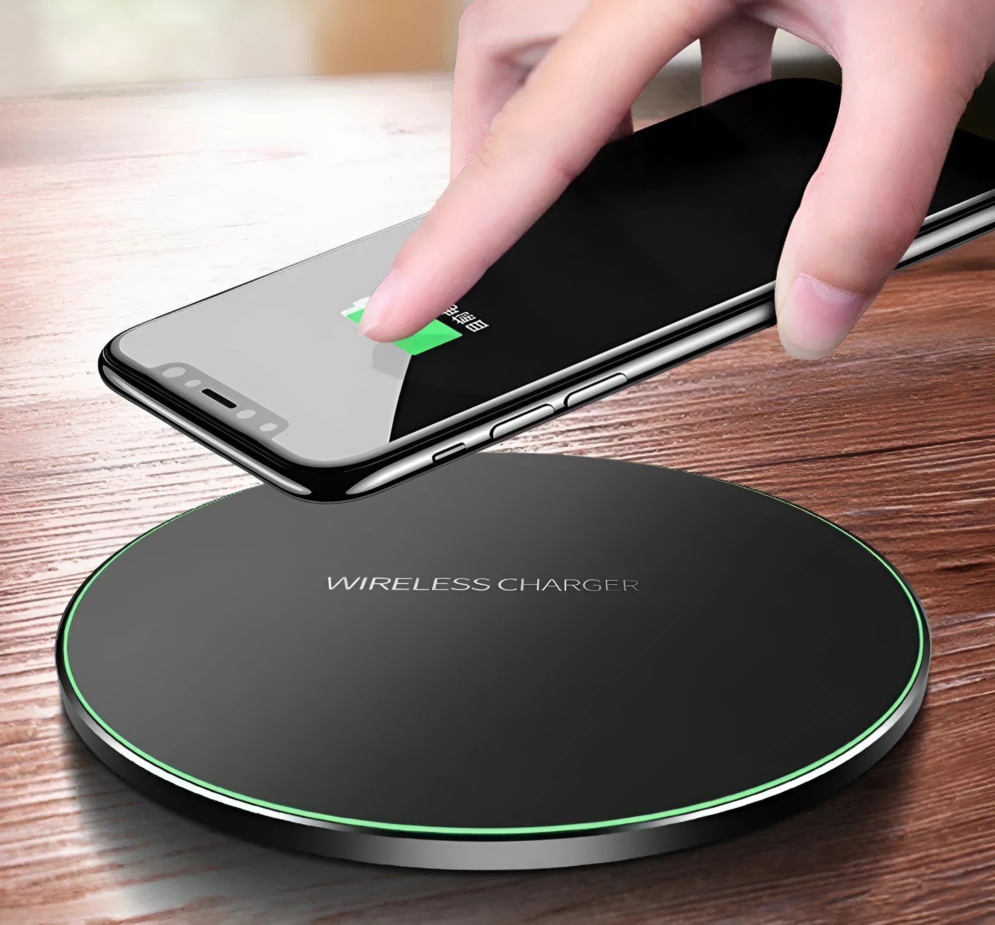 Black square wireless charging pad with ultra-thin 6.5mm profile showing 9V QI fast charging capability