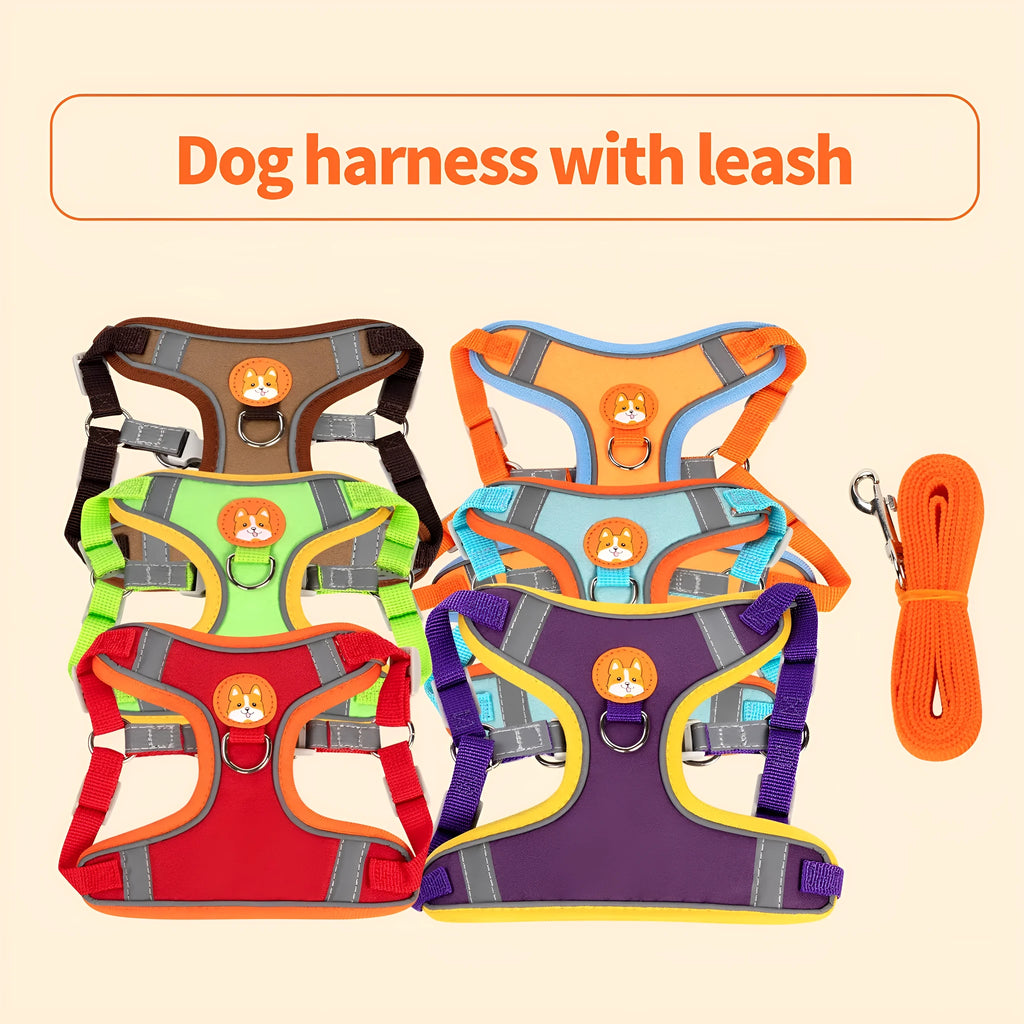 Adjustable dog haulage harness with vest design in purple, blue, orange, red, brown or green