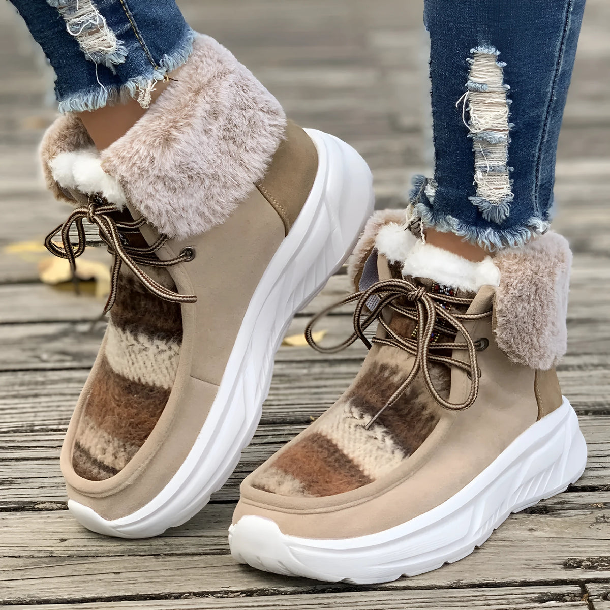 Women's beige lace-up snow boots with plush lining and non-slip rubber sole
