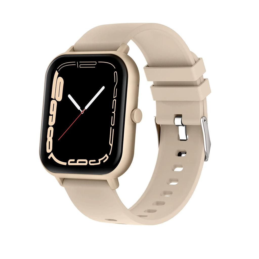 Bluetooth smart watch on wrist showing TFT screen, available in black, pink, silver gray, or khaki.