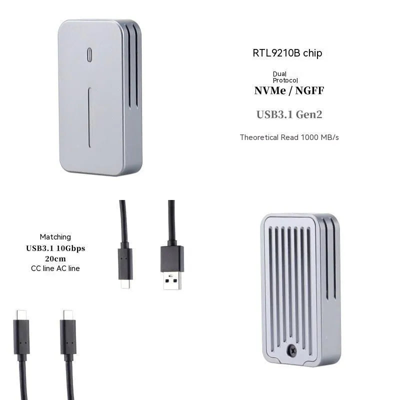 Aluminium alloy M.2 NVMe and SATA external SSD enclosure with USB-C port, measuring 5.2cm by 2.8cm.