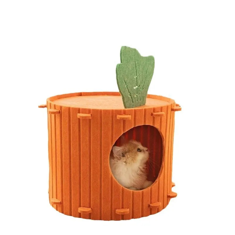 Grey wool felt cat tunnel with semi-enclosed roof and round drilled holes