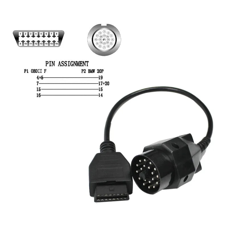 BMW OBD2 diagnostic adapter cable converting 20-pin male to 16-pin female connector