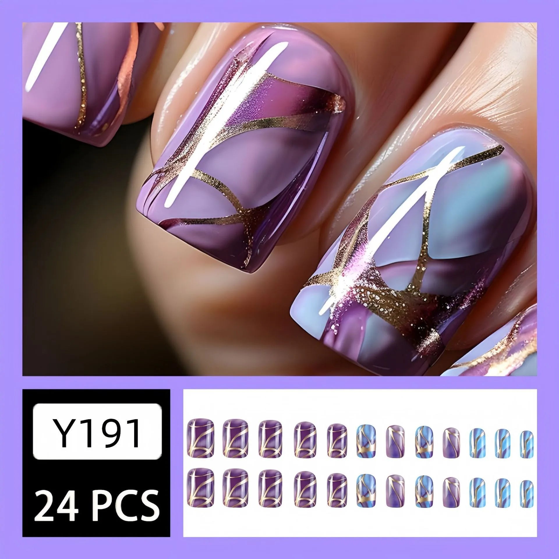 Mid-length nail stickers with purple stripes and glitter designs in European and American style