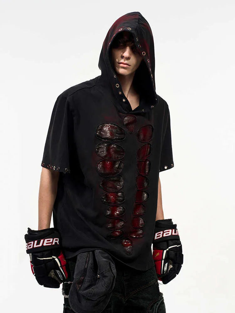 Black men's hooded short-sleeve t-shirt with sequin detail, loose fit