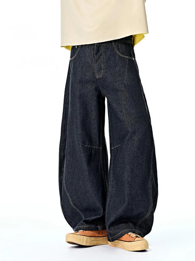 Men's wide leg denim trousers in original cow colour with mid-waist design