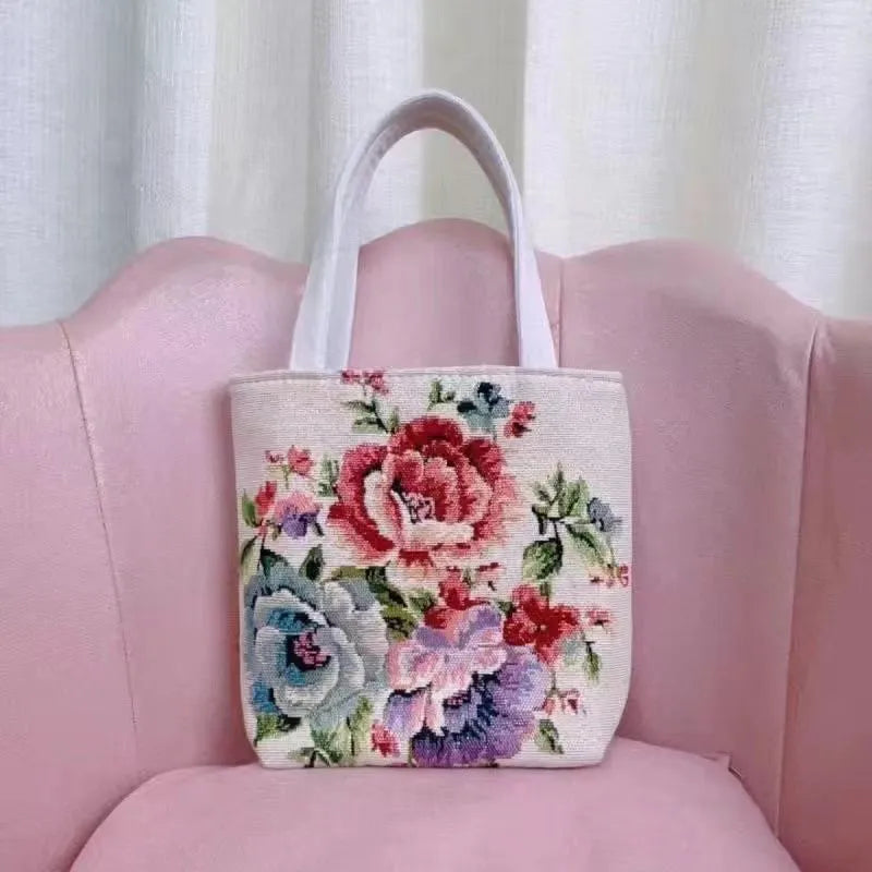 Double-sided gold wire embroidered canvas tote bag in botanical design with polyester construction