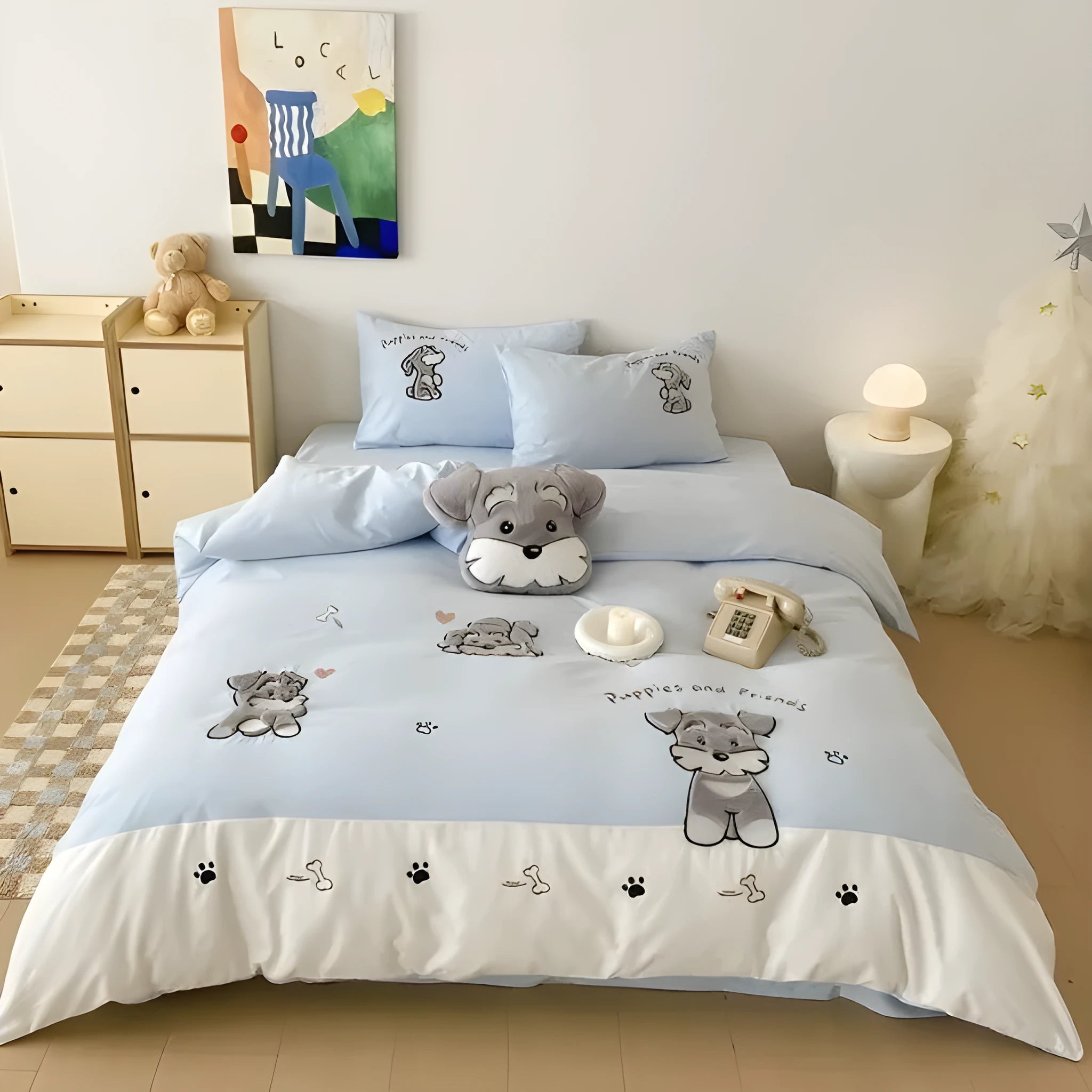 Cartoon Schnauzer design embroidered on a thickened cotton quilt cover and pillowcase from a complete bed linen set.