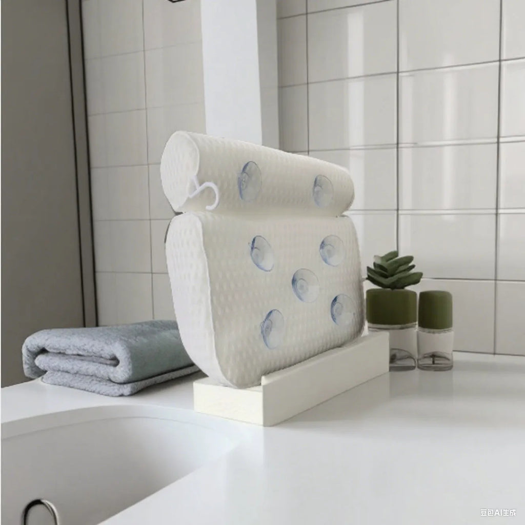 White 3D mesh bathtub pillow with seven suction cups for non-slip placement