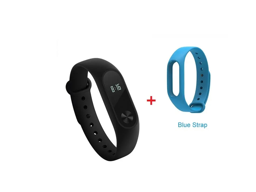 Black Xiaomi Mi Band 2 fitness tracker on wrist showing OLED screen with heart rate data.
