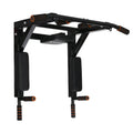 Black wall-mounted sandbag rack with parallel bars for pull-up exercises and martial arts training