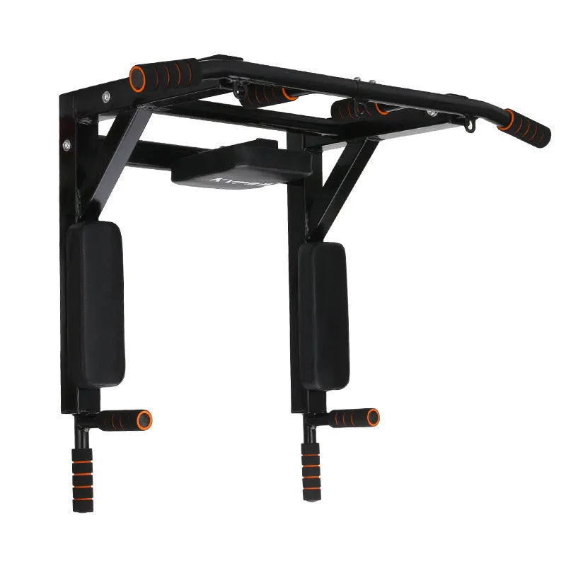 Black wall-mounted sandbag rack with parallel bars for pull-up exercises and martial arts training