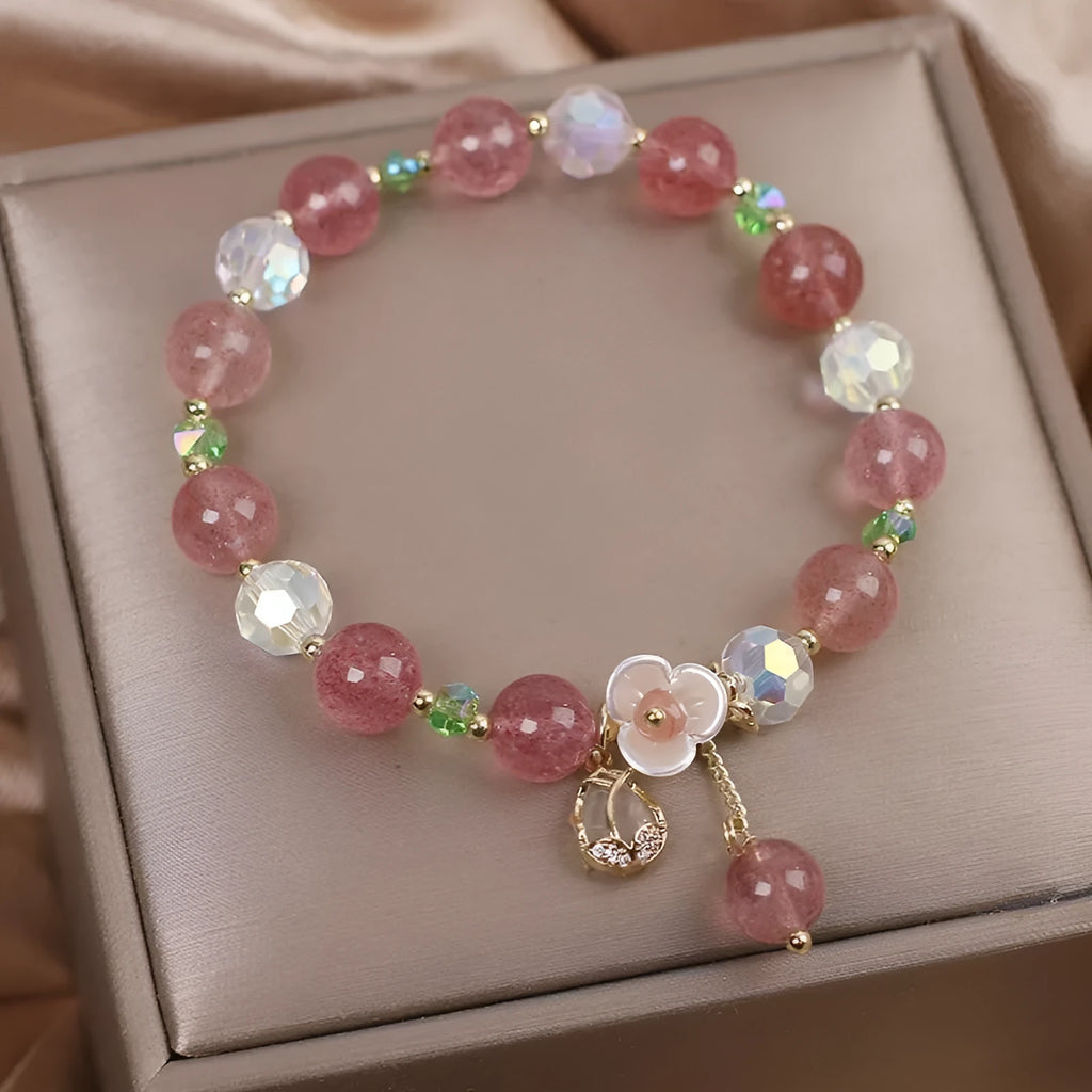 Double layer crystal bracelet with lucky cat charms and red cat's eye flower beads