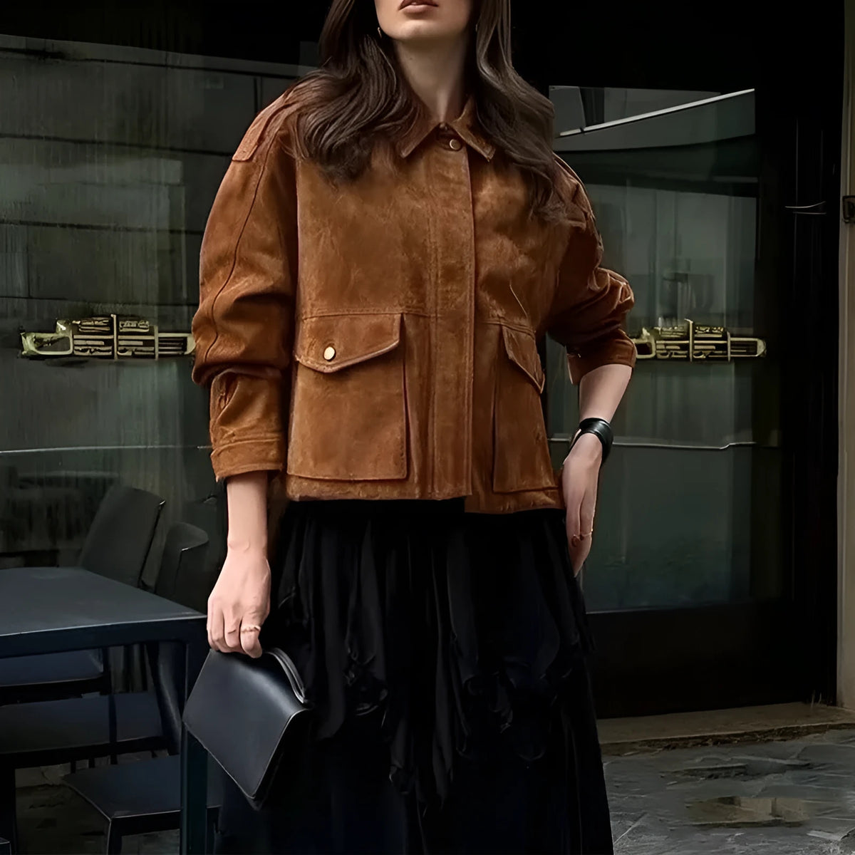 Women's longline brown suede-look polyester coat on a hanger, showing regular sleeves.
