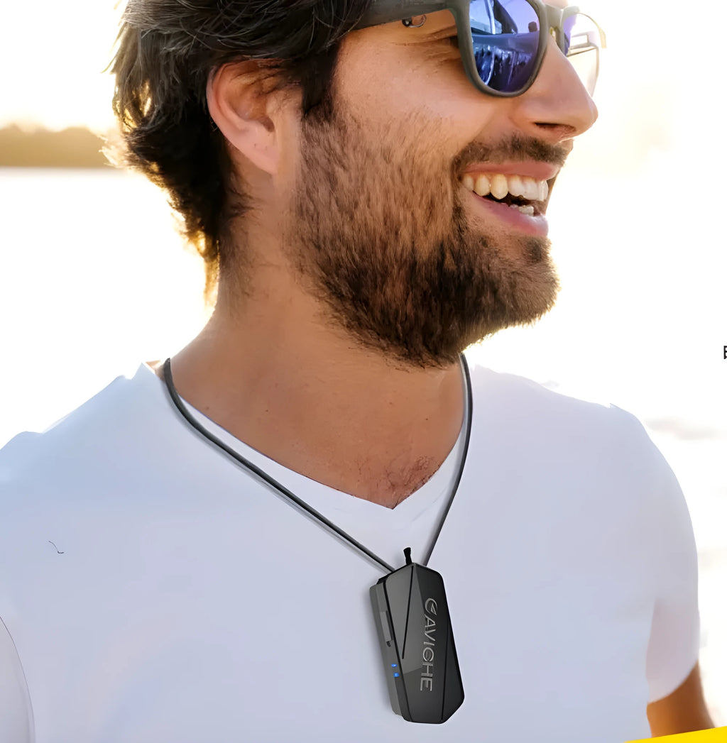 Black wearable air purifier necklace with 80mm plastic housing and compact design