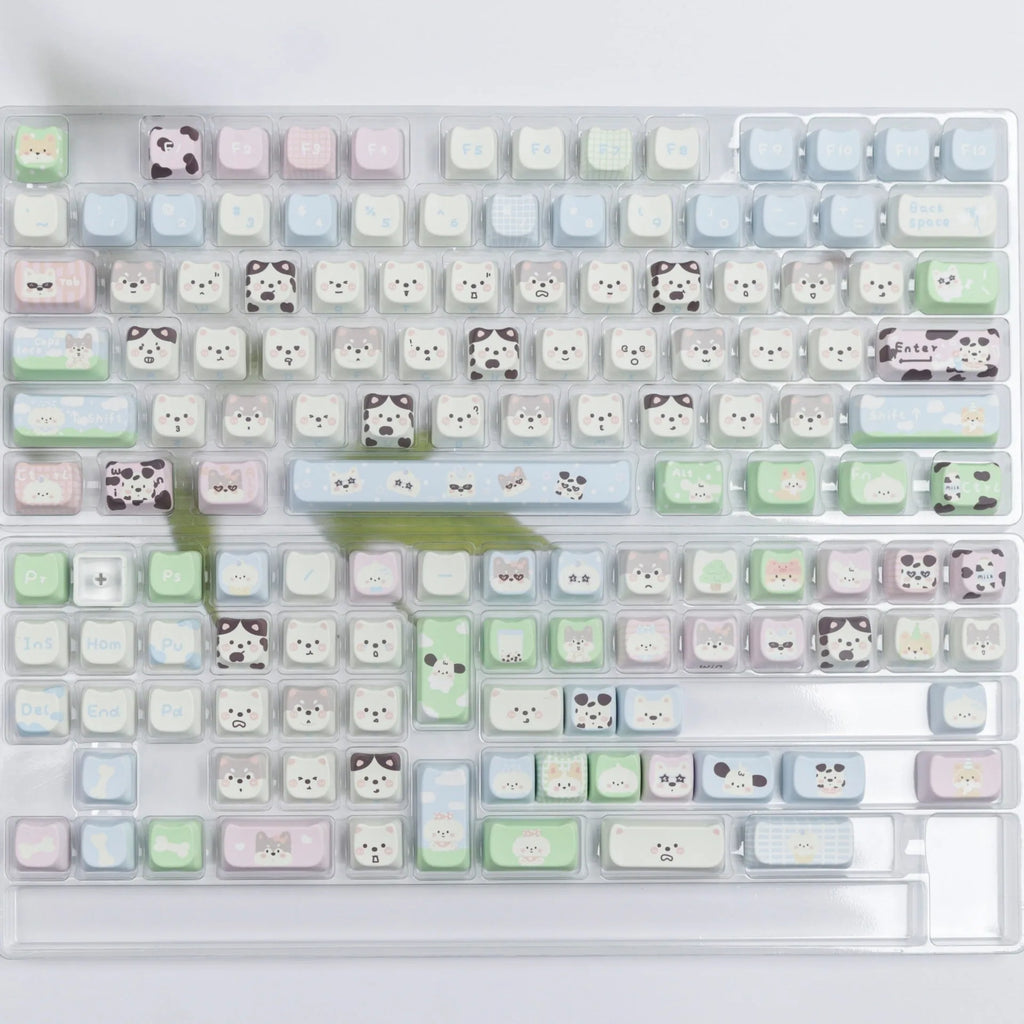 PBT key cap set with colourful cat and puppy anime artwork for mechanical keyboards