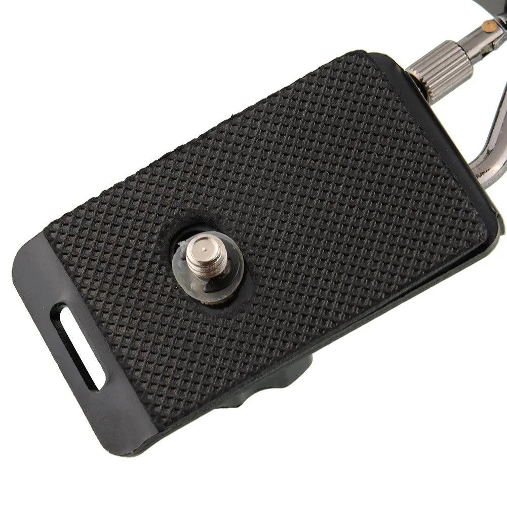 Black professional dual SLR camera strap with shoulder padding shown holding two cameras.