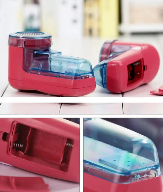 Portable electric clothing lint remover shaver in hand, showing compact size and shaving head.