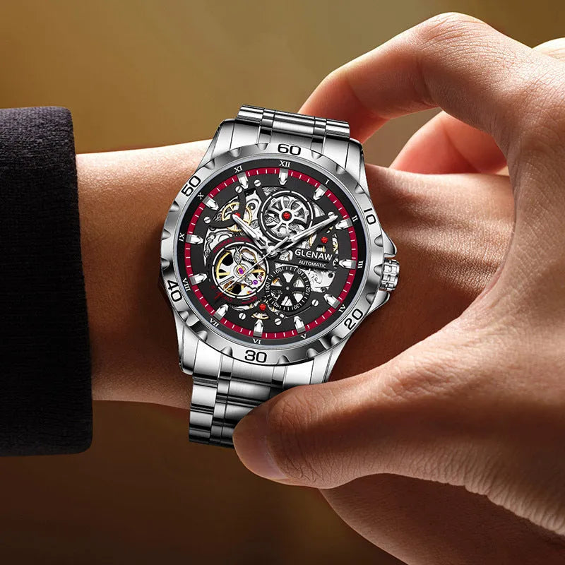 Men's silver skeleton automatic watch with luminous hands and stainless steel strap