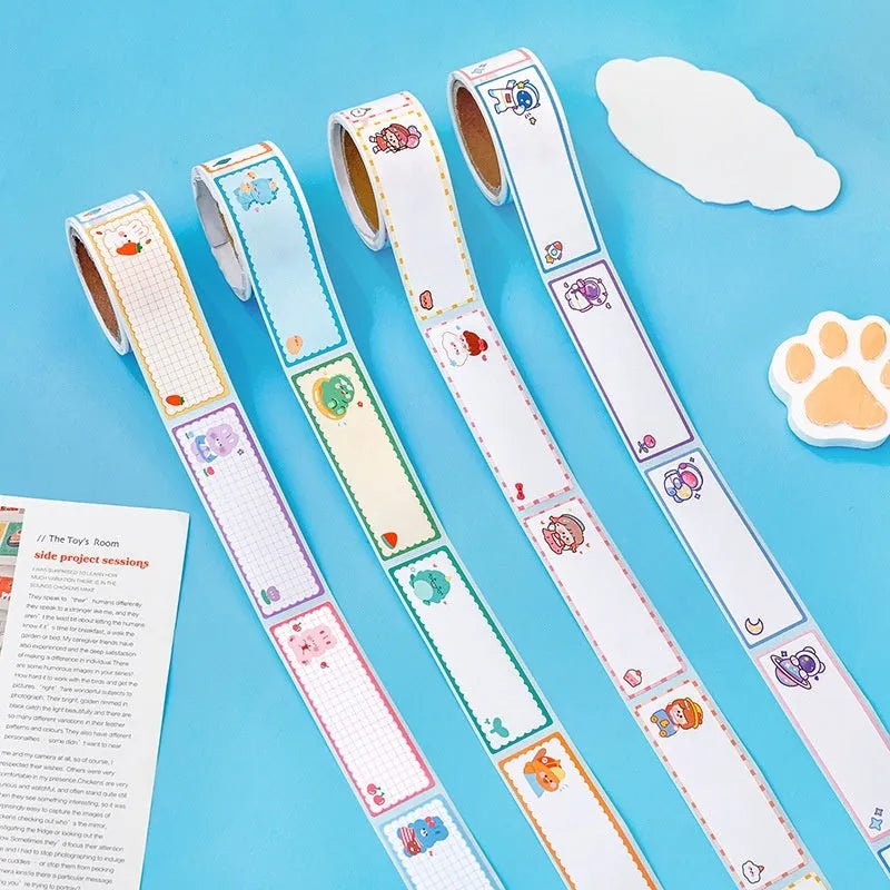 Roll of cartoon tape stickers with dinosaur, astronaut, rabbit, and girl designs for student labelling