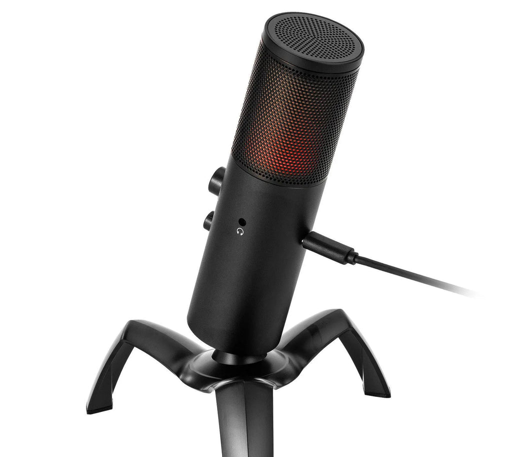 Black metal USB condenser microphone with RGB lighting on adjustable tripod stand