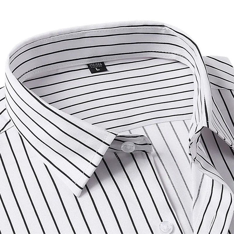 Men's slim fit ice silk striped long sleeve business shirt on hanger