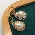 Natural freshwater pearl earrings for women with colourful teardrop shape, copper base, and diamond-inlay detail
