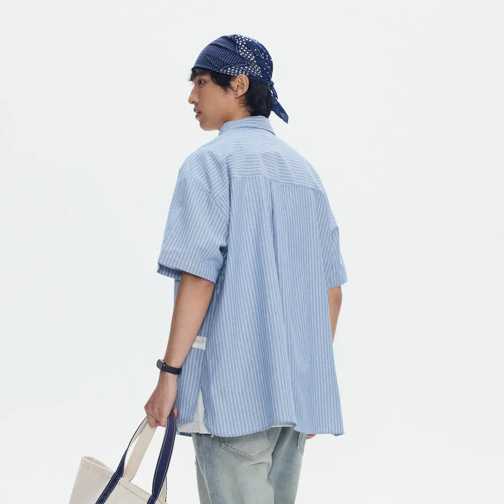 Blue striped overalls short-sleeved shirt in loose-fitting cardigan style