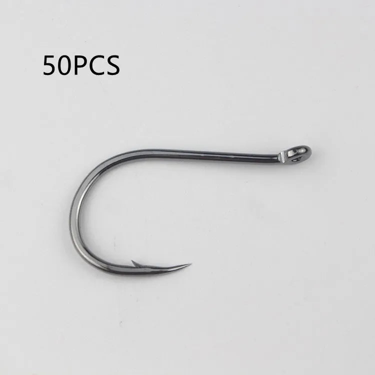 Bulk pack of barbed alloy carbon steel sea fishing hooks with a crooked mouth and hole ring design.