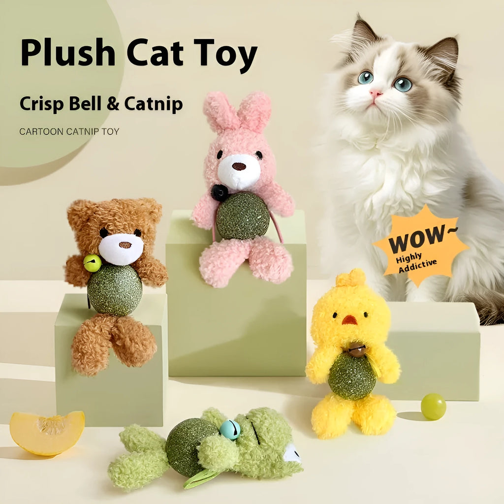 Brown bear plush cat toy with catnip ball and bell for kittens and cats