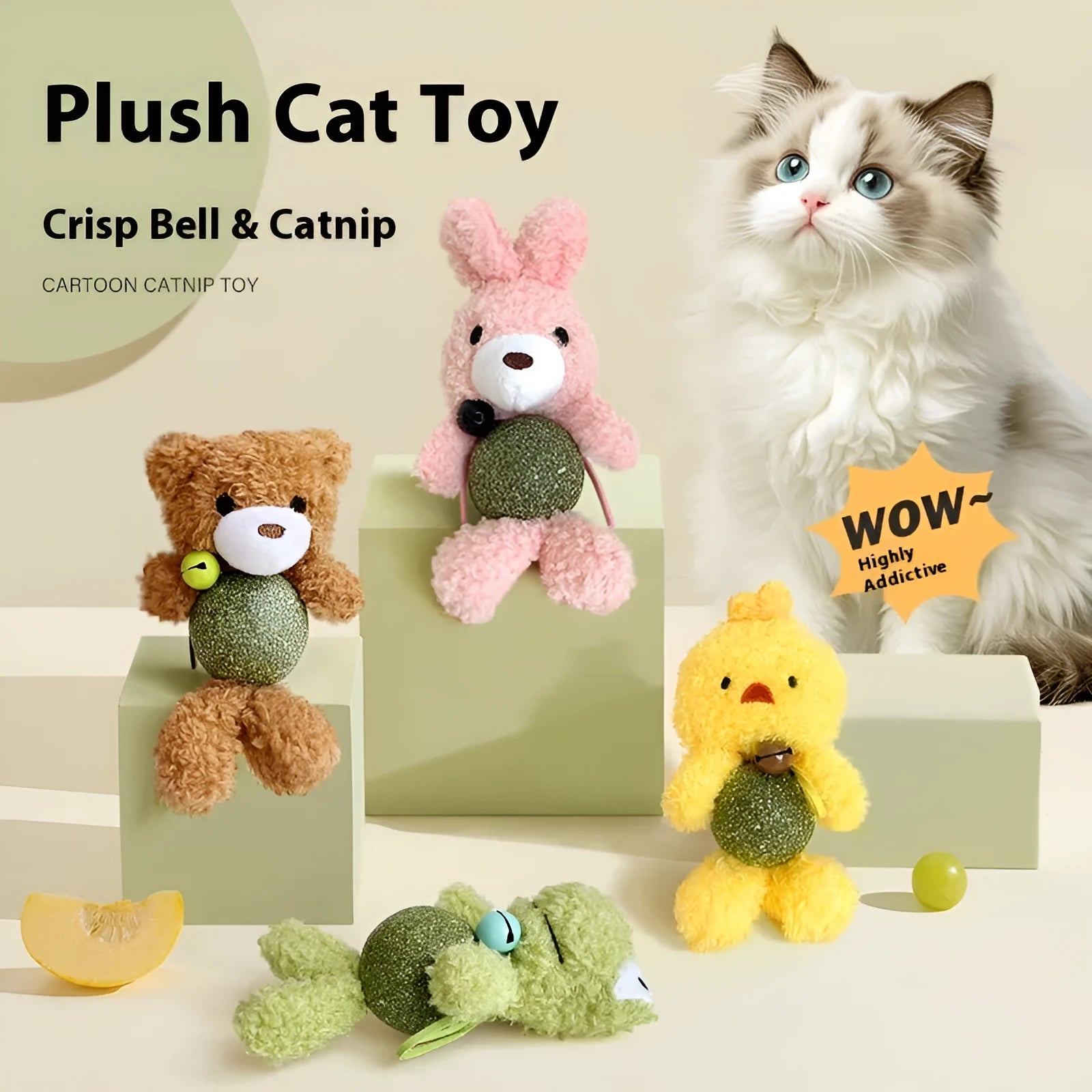 Brown bear plush cat toy with catnip ball and bell for kittens and cats