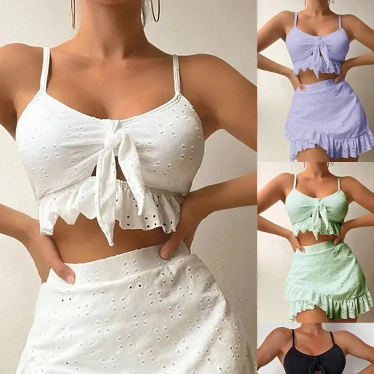 Women's solid colour split hip skirt bikini three-piece swimsuit set