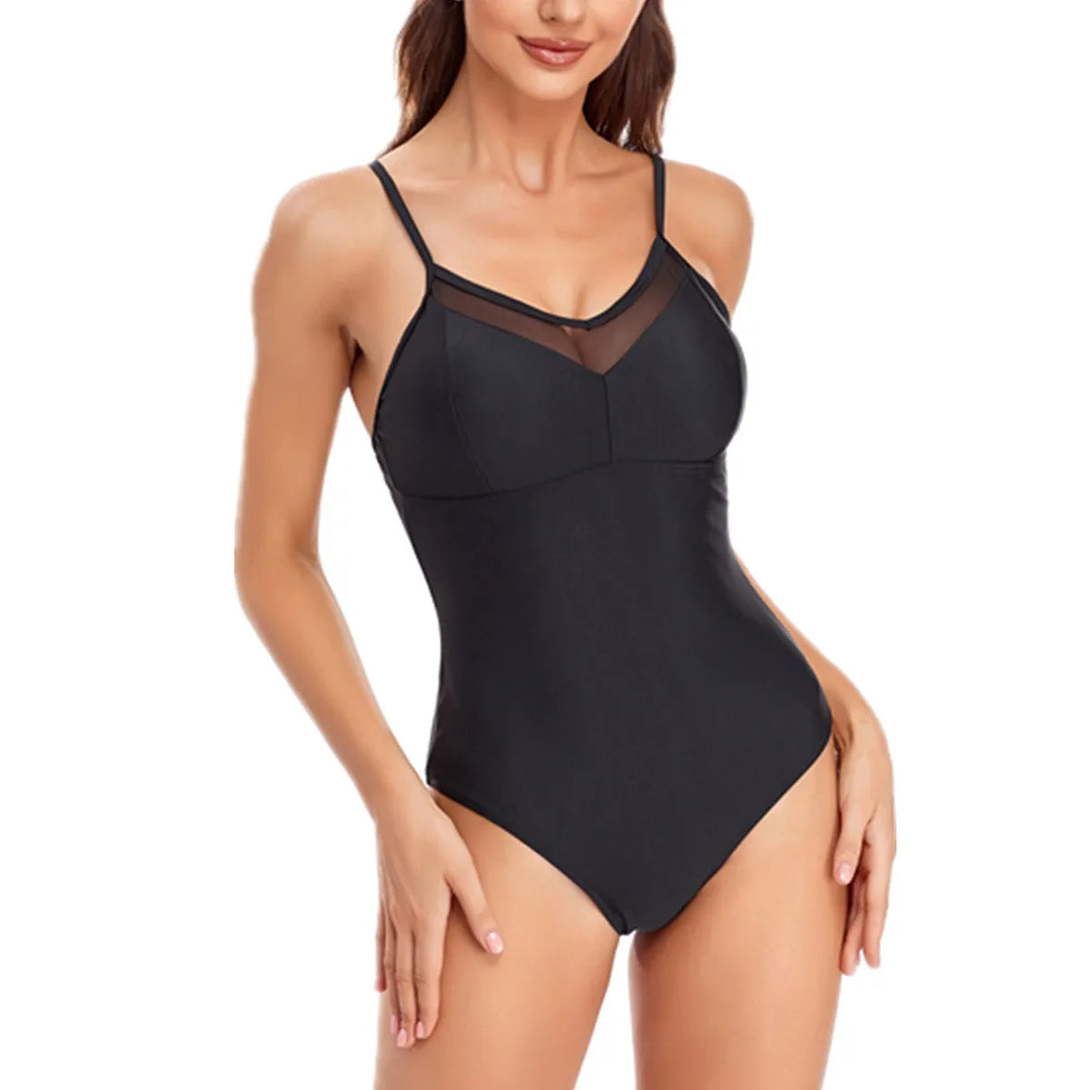 Black ladies' one-piece swimsuit with mesh sections and a backless design on a mannequin.